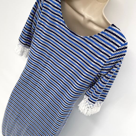 Sara Campbell Striped Eyelet Fringe Dress Sz S Blue Black White Lined Scoop Neck - Picture 9 of 12